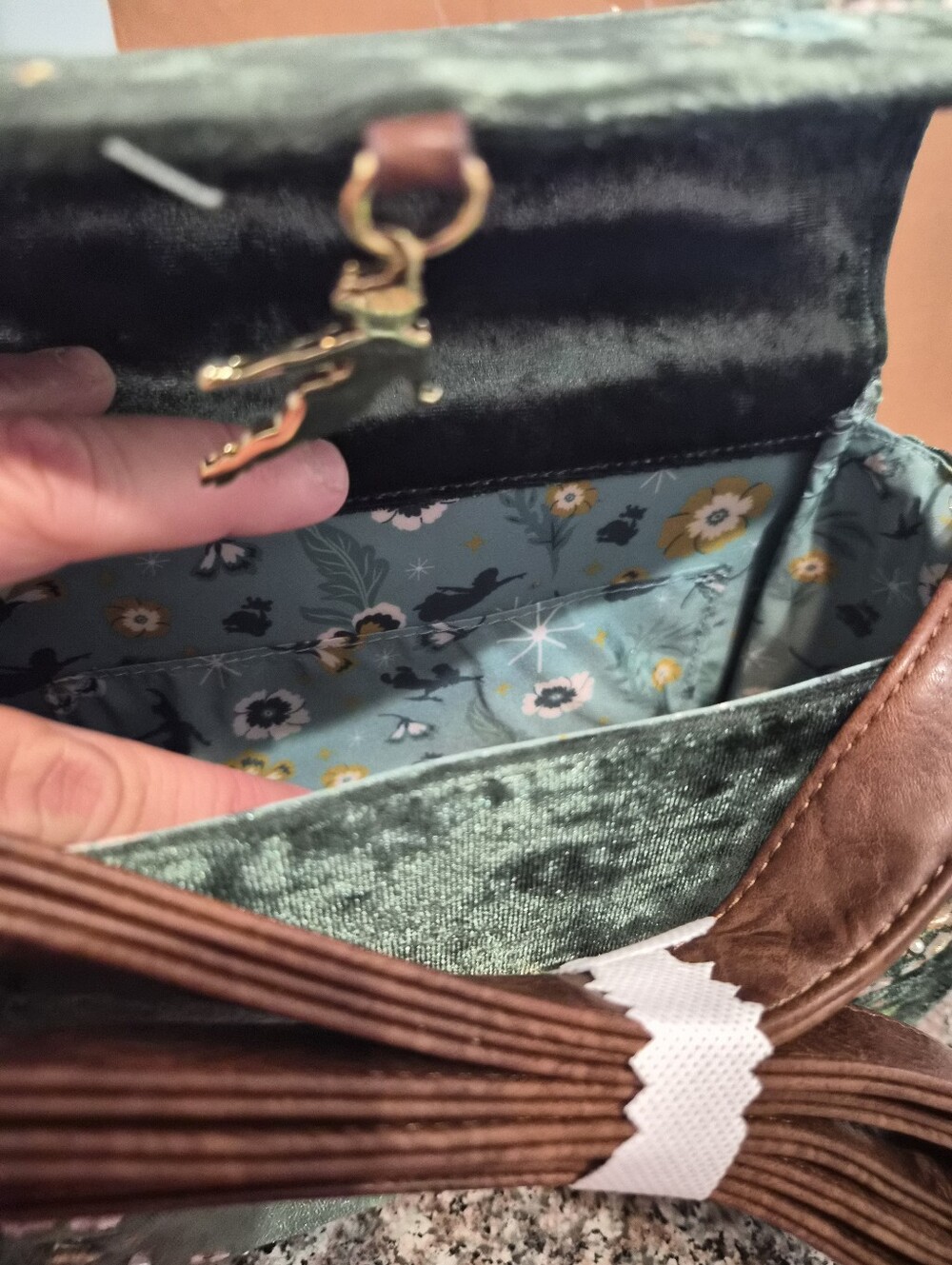 Loungefly Tinker Bell Green Velvet Floral Embroidered Top-Handle Bag And Wallet - Picture 5 of 10